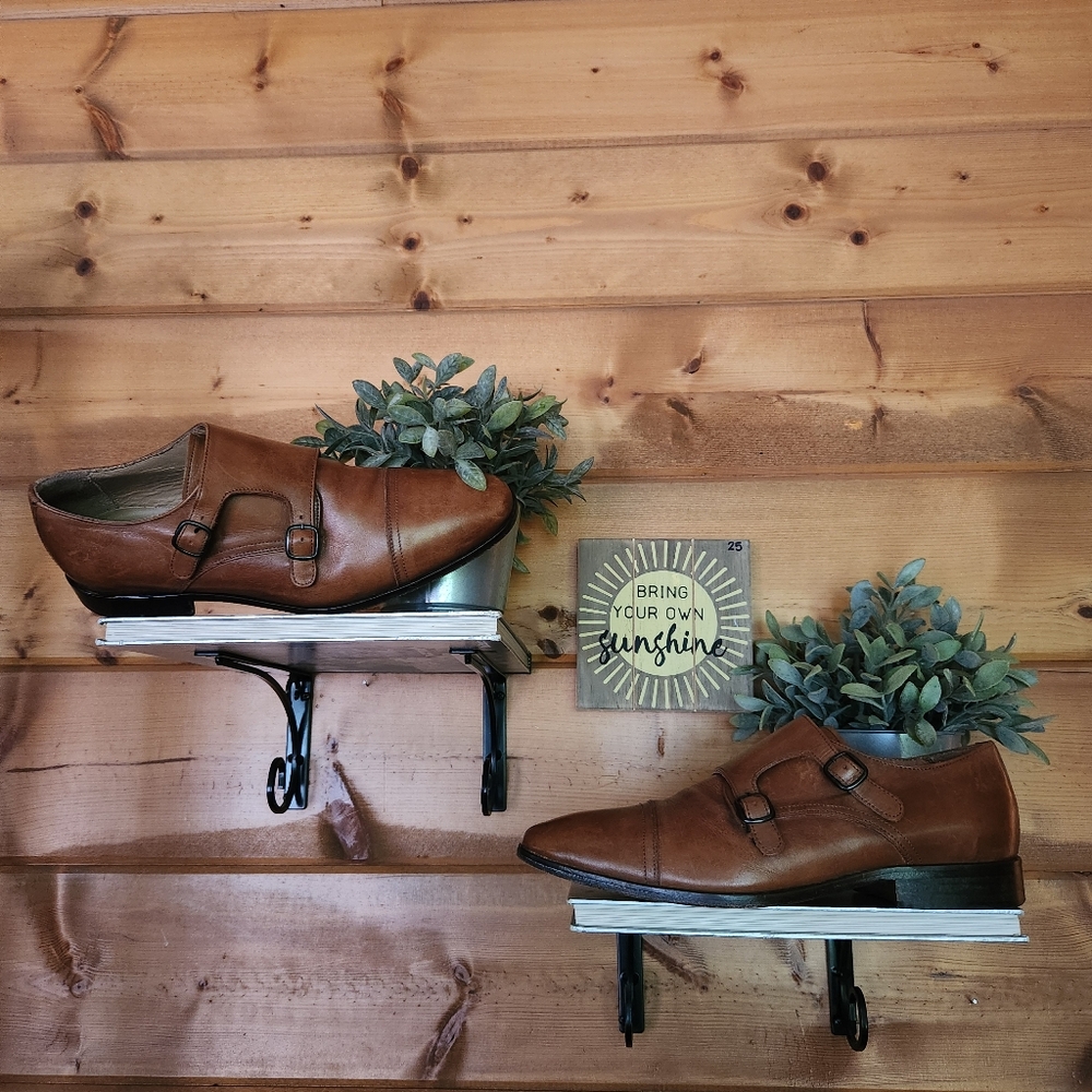 REISS London Brown Leather Double Monk Strap Oxford Dress Shoes Cap Toe Sz 43/10